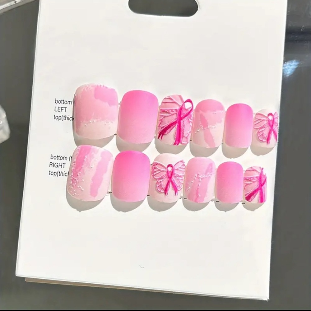 24pcs Matte Square Press On Nails - Embossed Fake Nails With Pink Ribbon ***New